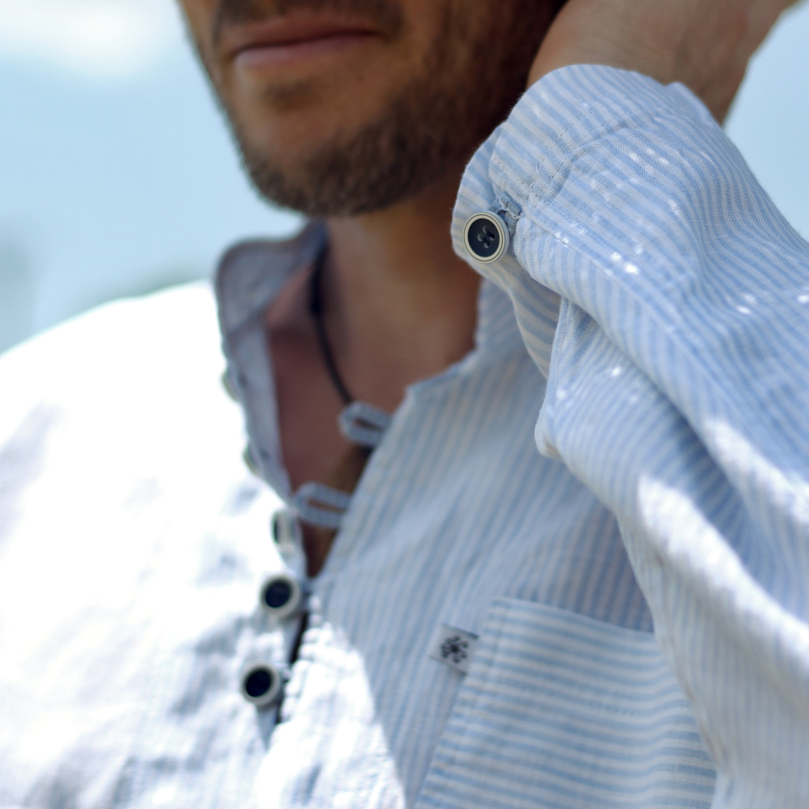 Lněná košile s poutky - modrý proužek